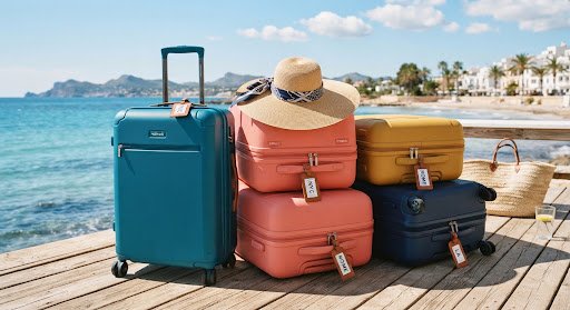 Colorful suitcases and sun hat luggage