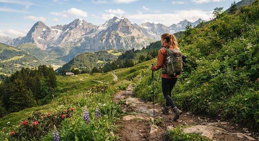 Traveler walking on mountain lush trail